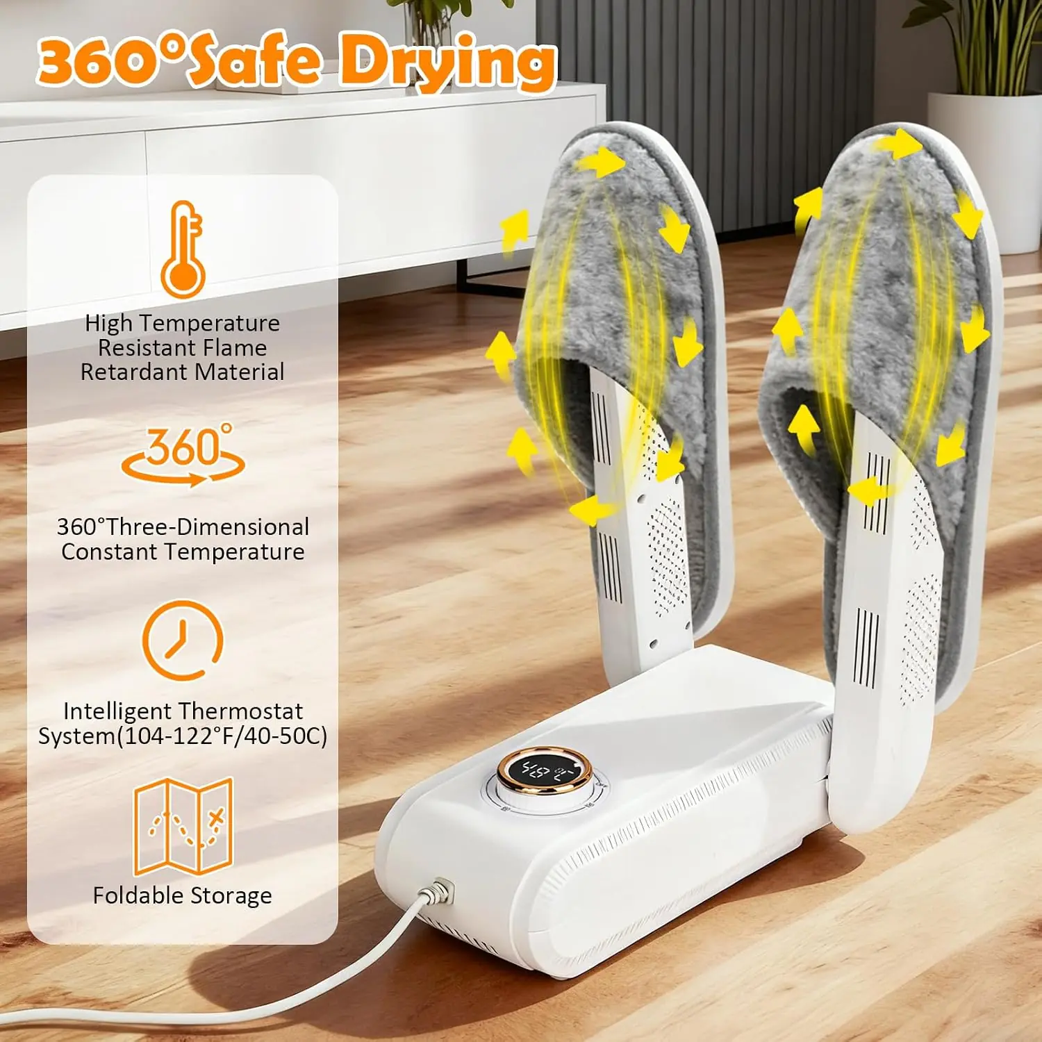 Electric UV shoe dryer with UV light on inside a shoe