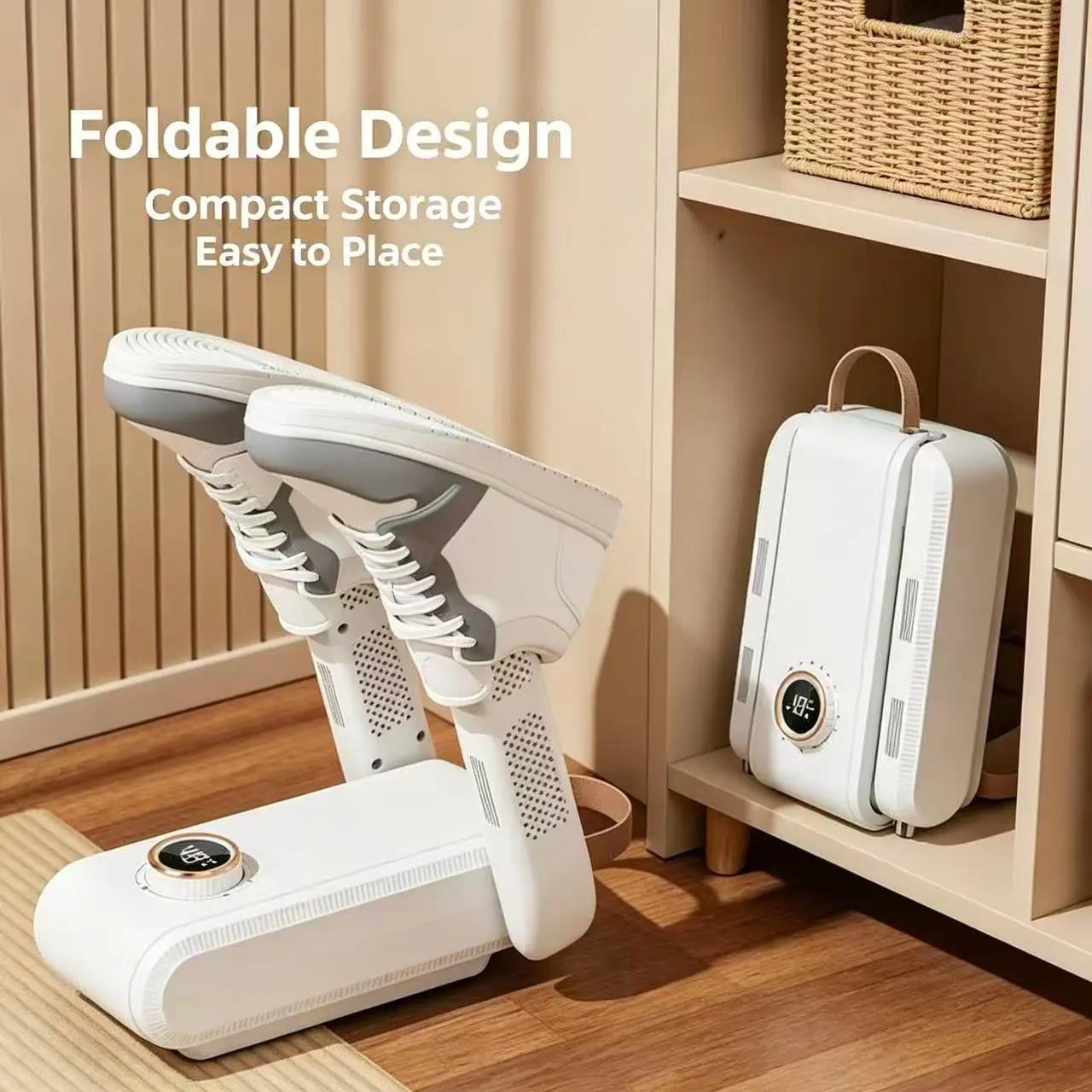 Electric UV shoe dryer in use with everyday shoes