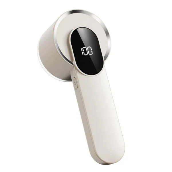lint remover malta: Beige rechargeable lint remover, front view with digital display, side button and silver ring around the