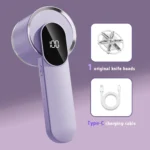 Purple lint remover with included spare blade head and Type-C charging cable