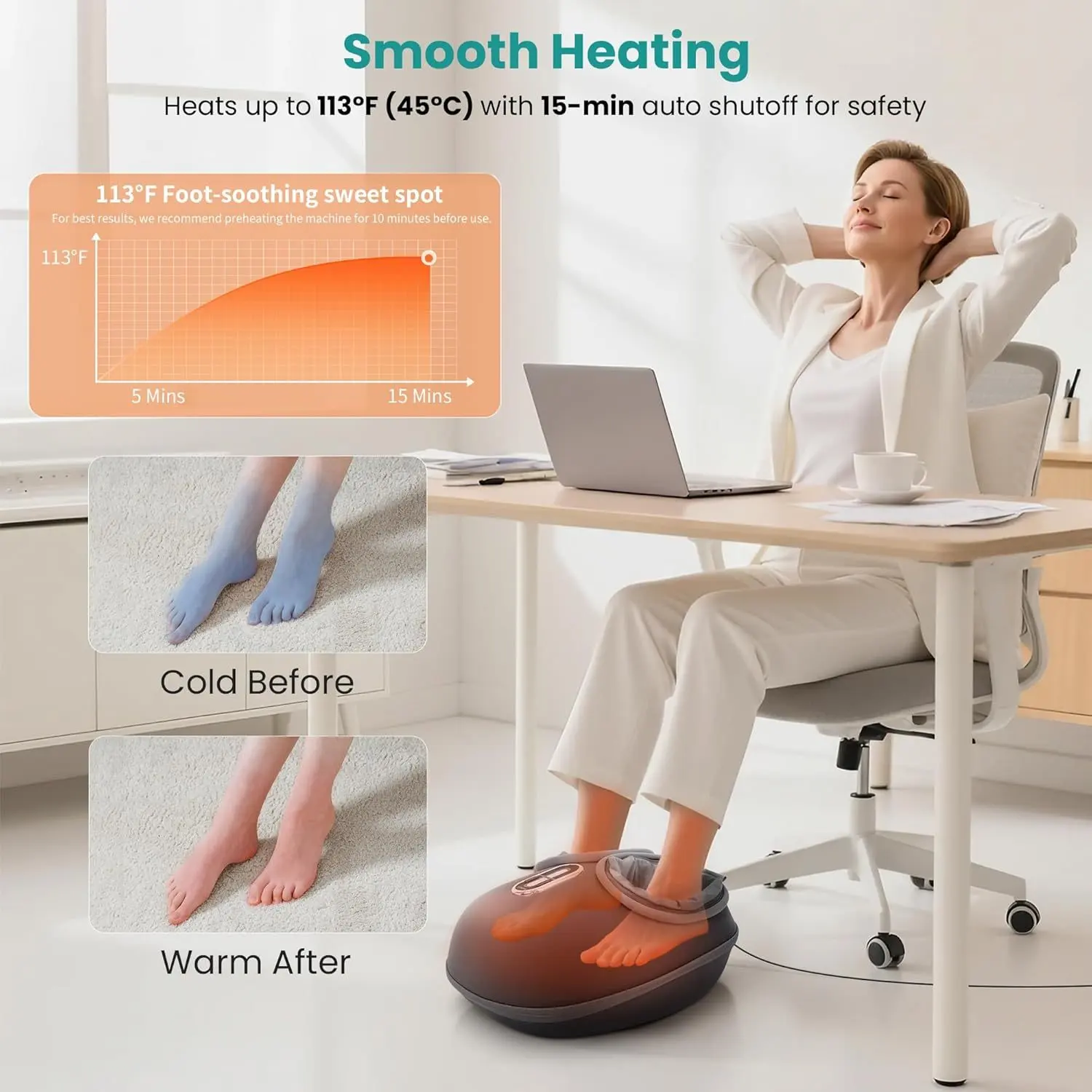 shiatsu foot massager malta: Woman at a desk warming her feet in the heated shiatsu foot massager, chart showing 45°C heat an shiatsu foot massager malta: Woman at a desk warming her feet in the heated shiatsu foot massager, chart showing 45°C heat an