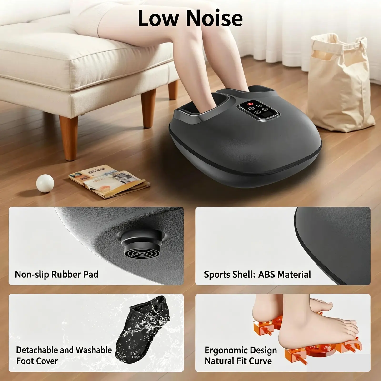 Feet in the shiatsu foot massager by a sofa, close-ups of non-slip base, ABS shell, washable cover and ergonomic fit Feet in the shiatsu foot massager by a sofa, close-ups of non-slip base, ABS shell, washable cover and ergonomic fit