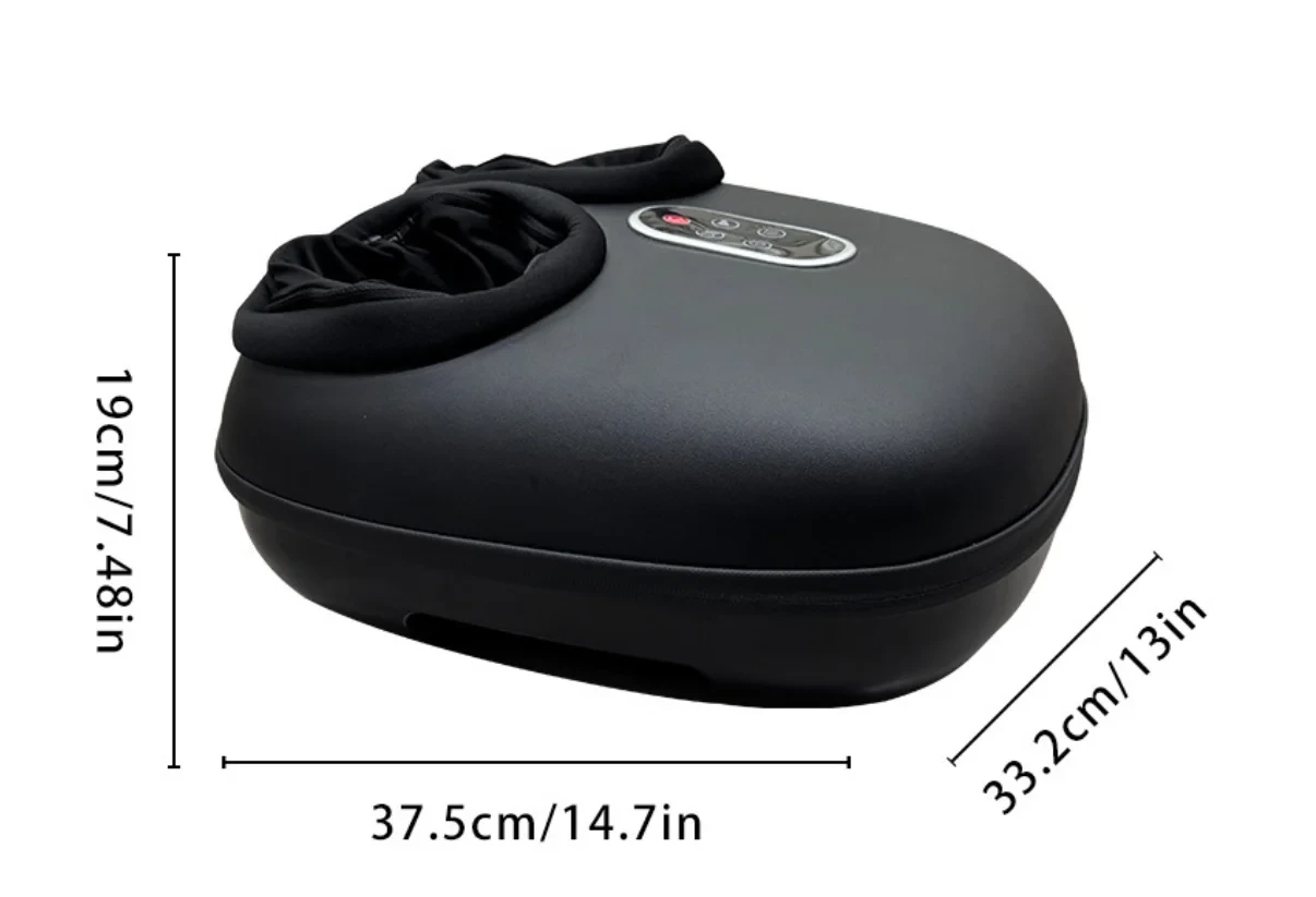 Shiatsu foot massager dimensions drawing: 37.5 cm long, 33.2 cm wide and 19 cm high Shiatsu foot massager dimensions drawing: 37.5 cm long, 33.2 cm wide and 19 cm high