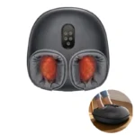 Heated foot massager top view with control panel, inset of both feet placed inside it on a wooden floor