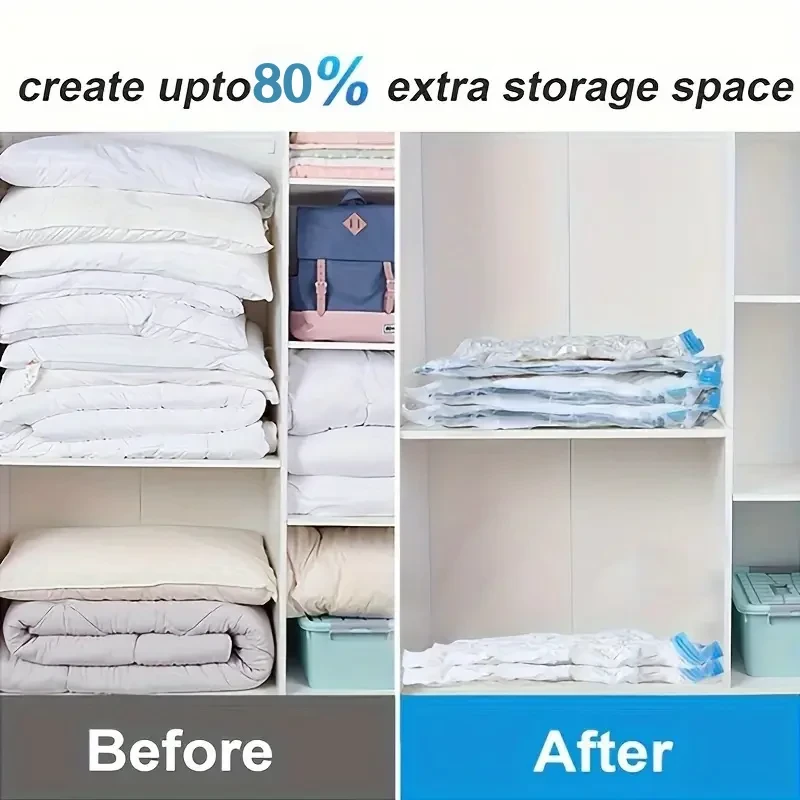 Wardrobe shelves before and after: bulky quilts and pillows packed flat in vacuum bags, freeing up to 80% extra space Wardrobe shelves before and after: bulky quilts and pillows packed flat in vacuum bags, freeing up to 80% extra space