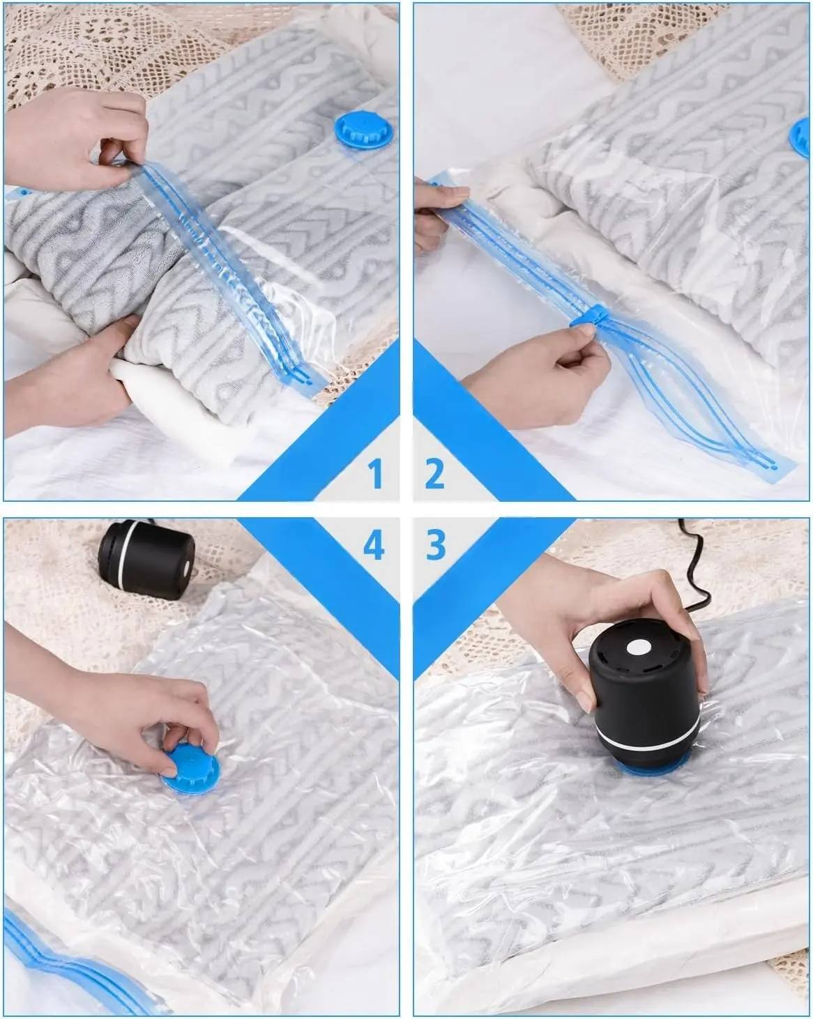 Four steps: seal the double zip by hand, run the slider clip, pump air out with an electric pump, screw the valve cap closed Four steps: seal the double zip by hand, run the slider clip, pump air out with an electric pump, screw the valve cap closed
