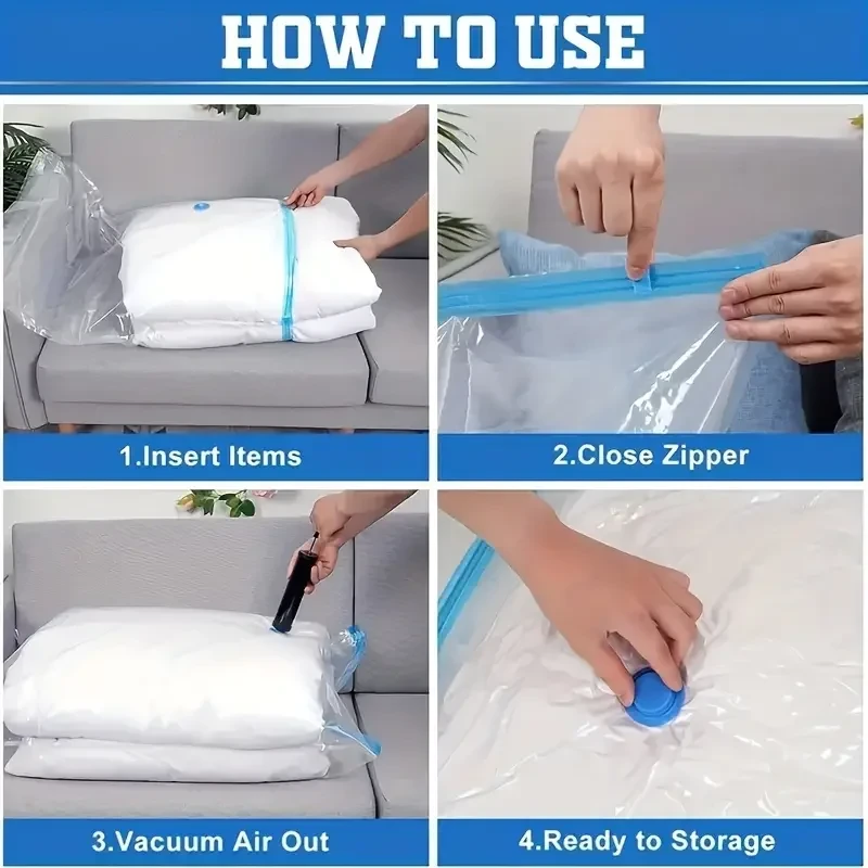 How to use with a hand pump: insert items, close the zipper, vacuum the air out, close the valve for storage How to use with a hand pump: insert items, close the zipper, vacuum the air out, close the valve for storage