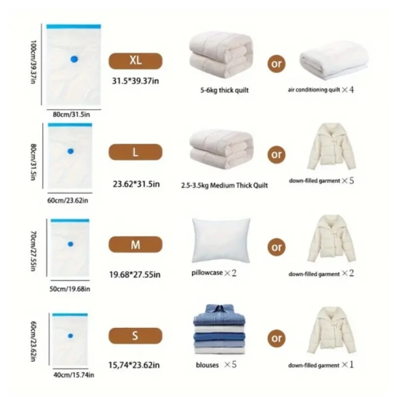 Size chart from S 40 x 60 cm for 5 blouses or a down jacket up to XL 80 x 100 cm for a thick 5-6 kg quilt Size chart from S 40 x 60 cm for 5 blouses or a down jacket up to XL 80 x 100 cm for a thick 5-6 kg quilt