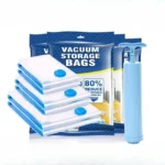 Folded vacuum bags in three sizes with blue valves, a blue manual hand pump and retail packs