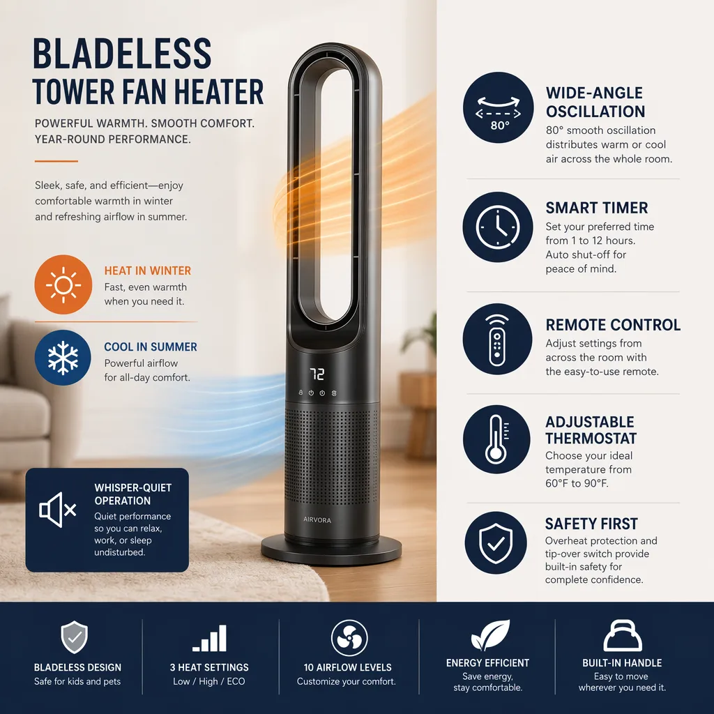 tower fan heater malta: Black tower fan heater features: heating and cooling, 80° oscillation, 1-12 hour timer, remote, therm
