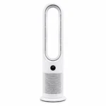 tower fan heater malta: White bladeless tower fan heater in Malta, front view with loop top, round digital display, perforate