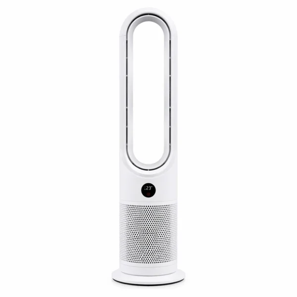 tower fan heater malta: White bladeless tower fan heater in Malta, front view with loop top, round digital display, perforate
