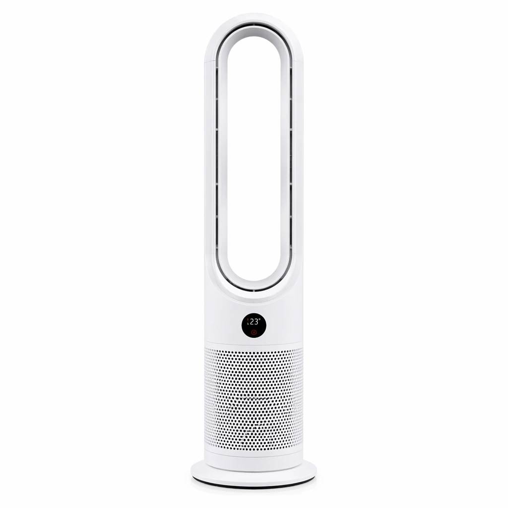 tower fan heater malta: White bladeless tower fan heater in Malta, front view with loop top, round digital display, perforate