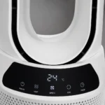 Close-up of the heater's touch control panel showing 24 °C with power, heat, speed, oscillation and timer buttons