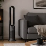 Dark grey bladeless fan heater standing on the floor beside a sofa in a living room, display showing 24