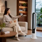 Woman on a sofa operating the white and black fan heater with its remote control